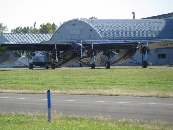 Rare photo of three 1930s Trimotors, Ford Trimotor on right, Stinson Trimotor at center, and Fokker Trimotor in left rear.