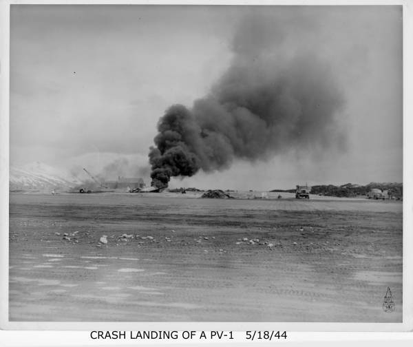 Pv-1 in flames on landing attempt at Attu in May 1944. This aircraft was marginal going and coming for bomb raids in Kurile Islands of Japan. Some never got back, some crash landed on Kamchatka Penin