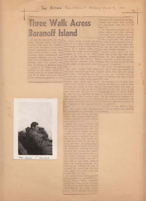 Original transcript of story of first successful land crossing of Baranof Island in party led by Jack Litsey and Bill Theis, then Navy pilots based at Sitka, AK.