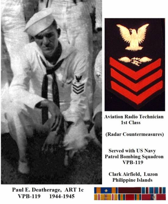 This man's name is Deatherage. He flew out of Luzon the final year of the WWII in the Pacific.  He was an Aviation Radio Technician First Class. His command pilot's last name was Fette.