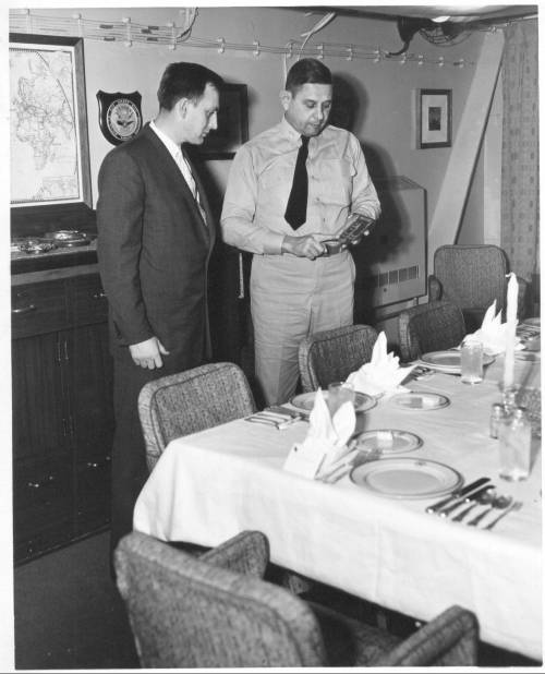 Author Franklyn E. Dailey with RAdm Reynold D. Hogle aboard USS Leyte CVS-32 Nov. 1958