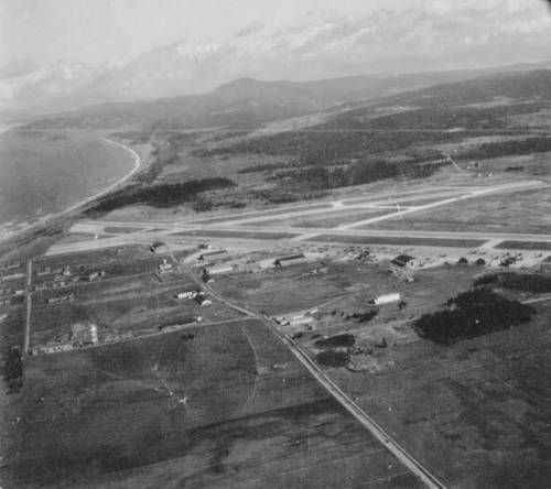 Wst side of Whidbey Island WA looking north over NAS Ault Field. About 1946. From a PB4Y-2, K-20 camera.