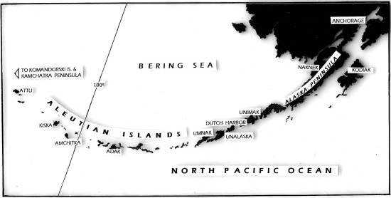 The Aleutian Peninsula and its extension, the Aleutian Chain of islands.