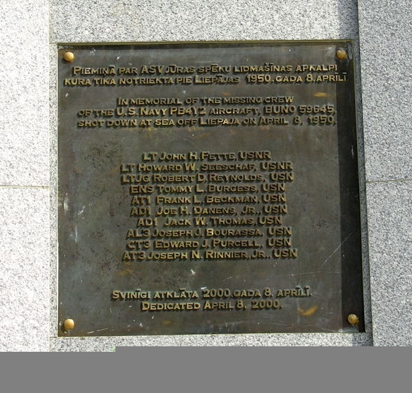 Plaque on monument at Liepaja Latvia honoring the flight crew of U.S. Navy  PB4Y-2  shot down by Soviet fighters  over  the Baltic Sea  in 1950.  Each U.S. airman's name is inscribed.