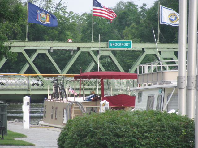 Erie Canal bridge at Brockport New York taken from boat on canal.