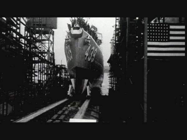 The USS Edison, DD-439, is shown 'going down the ways' at launch from Federal Shipbuilding and Drydock in Kearny N.J. in late November 1940.
