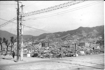 Nagasaki after the Bomb. The USS Edison, DD-439, on its immediate WW II postwar voyage to deal with some of war's backlog, puts in at Nagasaki.