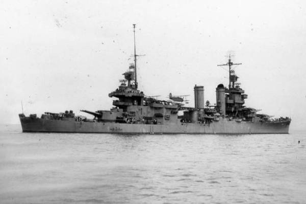 USS New Orleans, CA-32, U.S. Navy heavy cruiser laid down right after sister ship USS Augusta in the early 1930s. Pictured here with her SOC floatplanes on her catapaults. She, like Augusta, served w