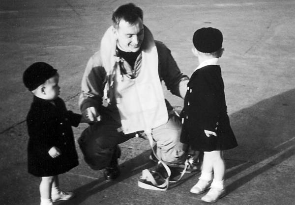 The author's two children, Frank III and Michael, have been brought to the ramp at NAS  Whidbey  I. Wash. in 1948  to meet their father, then Lt. Franklyn E. Dailey Jr. USN.