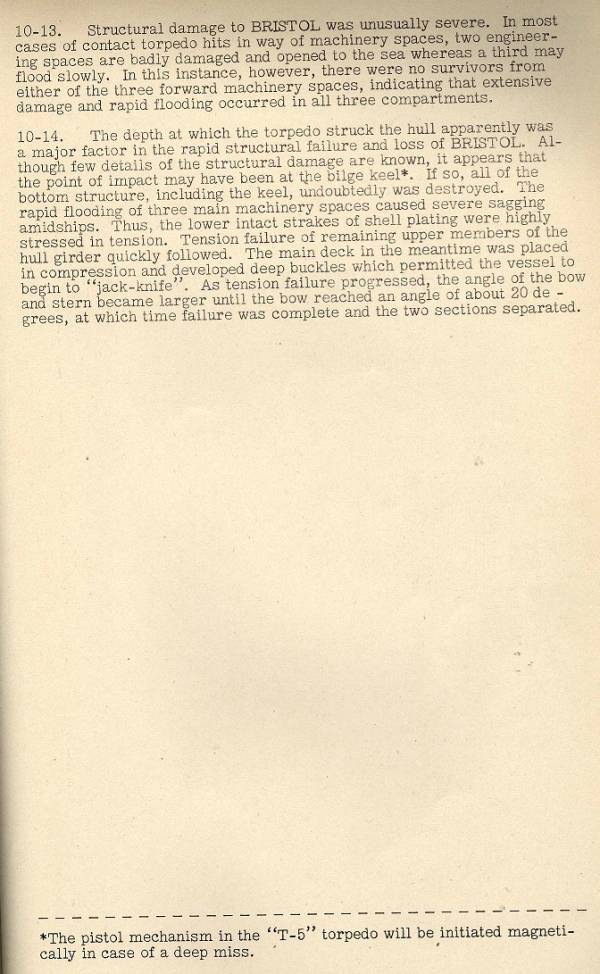 The third in a three pages of typescript originated by BuShips at they attemmpted ro recreate the path of an assumed U=boat acoustic homing torpedo that san the USS Bristol DD-453 while she was on co