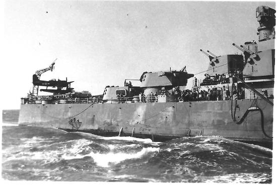 USS Wisconsin, Iowa class battleship, just after the destroyer USS Edison pulls away from its enroute fueling event. 